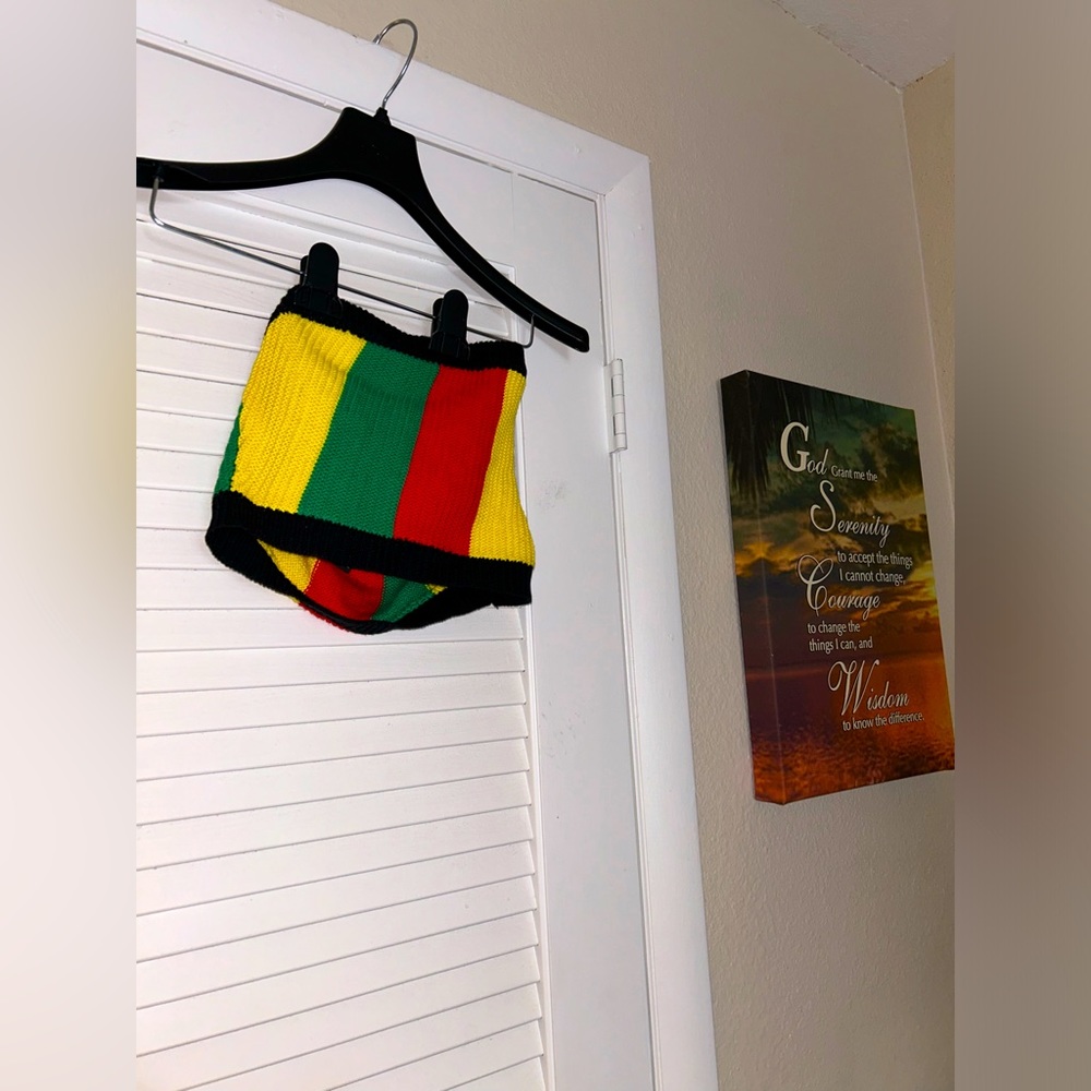 Red, Green and Yellow tube top.